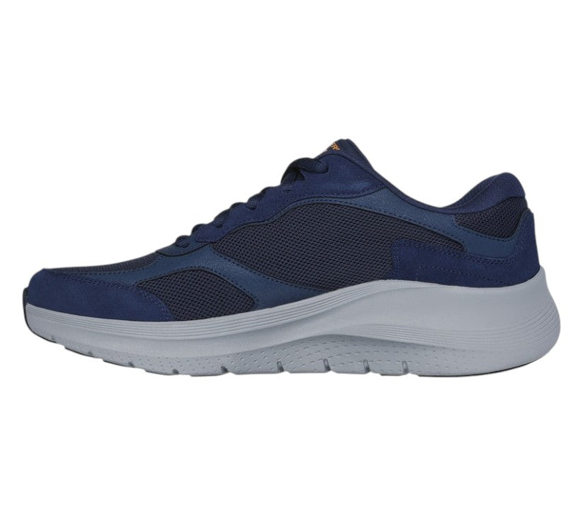 Scarpe uomo Skechers Arch Fit 2.0 The Keep blu arancio vista laterale interno con supporto plantare certificato e tomaia mesh pelle