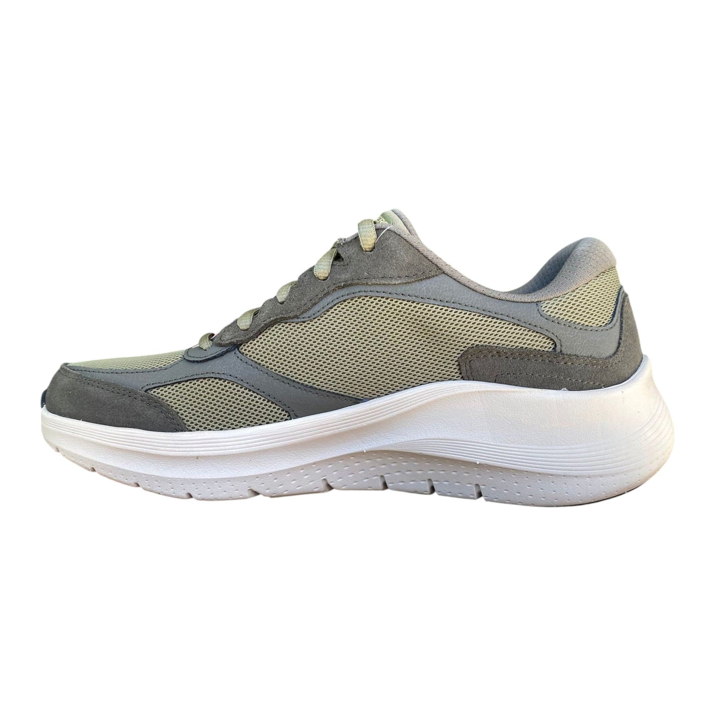 Scarpe uomo Skechers Arch Fit 2.0 The Keep oliva vista laterale interno con supporto plantare certificato e tomaia mesh pelle