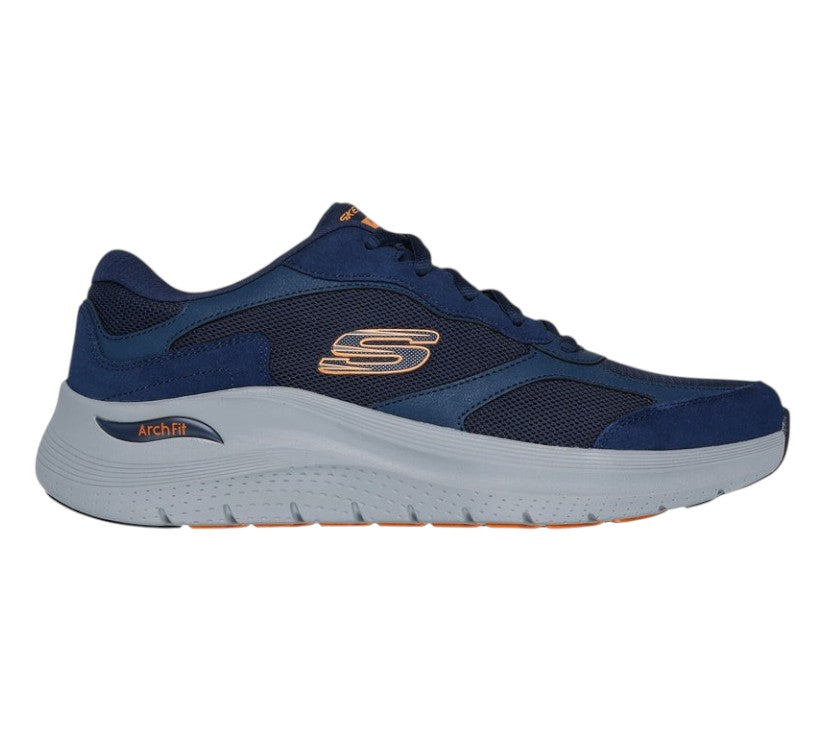 Scarpe uomo Skechers Arch Fit 2.0 The Keep blu arancio vista laterale con supporto plantare certificato e tomaia mesh pelle