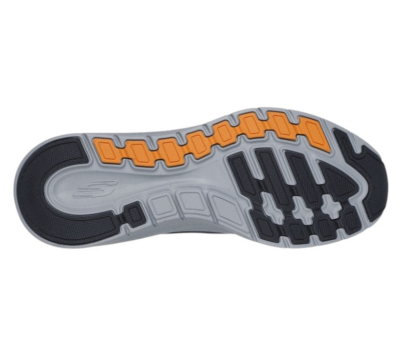 Scarpe Skechers Arch Fit 2.0 The Keep vista dall'alto con tomaia in mesh traspirante e applicazioni in pelle blu arancio