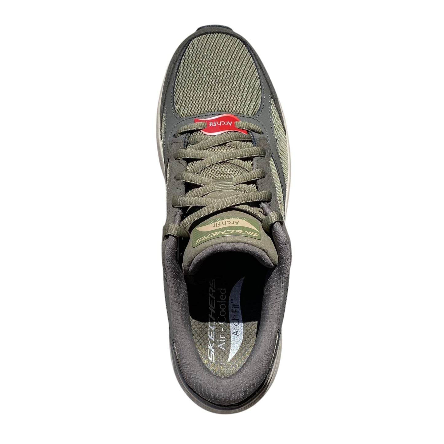 Scarpe Skechers Arch Fit 2.0 The Keep vista dall'alto con tomaia in mesh traspirante e applicazioni in pelle colore oliva