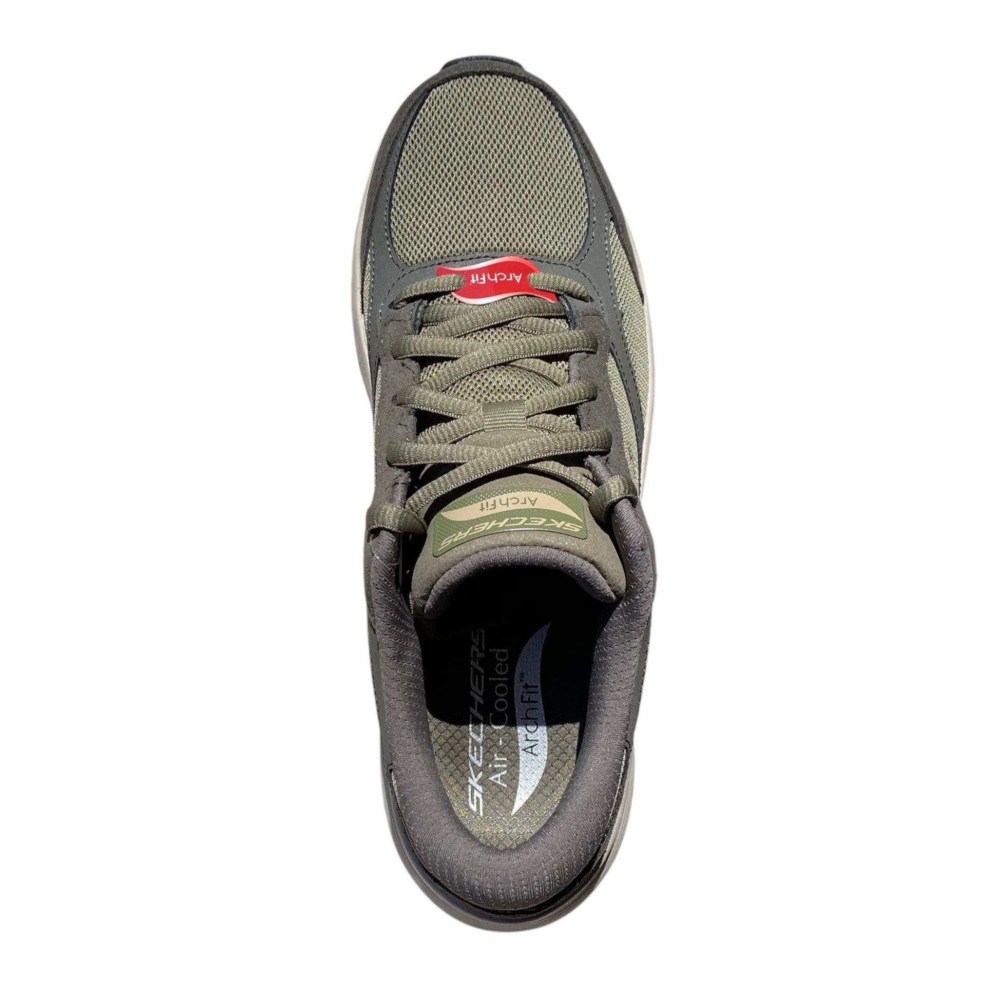 Scarpe Skechers Arch Fit 2.0 The Keep vista dall'alto con tomaia in mesh traspirante e applicazioni in pelle colore oliva