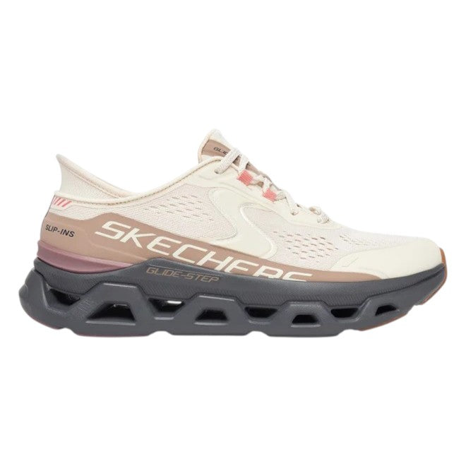 Scarpe donna Skechers Slip-ins Glide-Step Altus beige grigio vista laterale con tecnologia hands-free e Heel Pillow