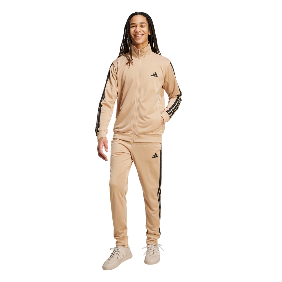 Tuta completa Adidas Tricot Sportswear Basic 3 Stripes JX5501 colore nocciola-nero, abbigliamento sportivo premium, frontale