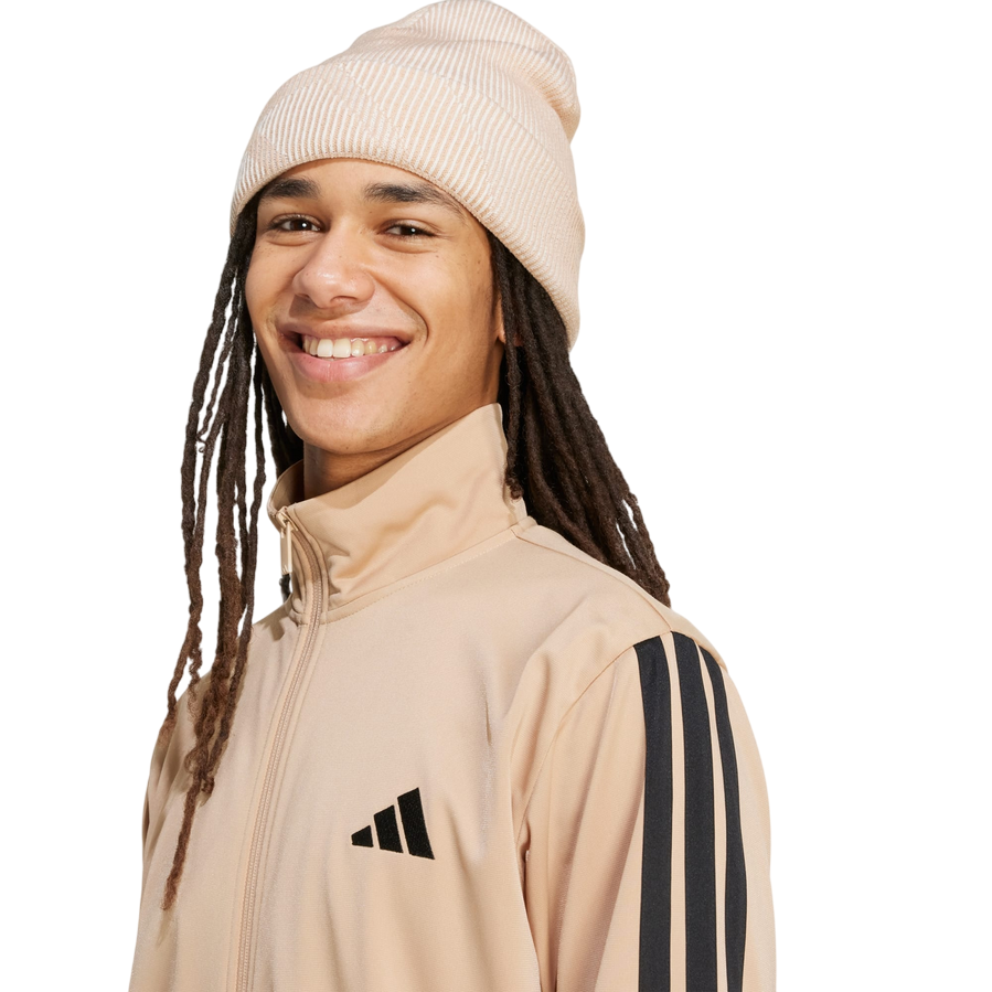 Tuta completa Adidas Tricot Sportswear Basic 3 Stripes JX5501 colore nocciola-nero, abbigliamento sportivo premium, felpa e logo