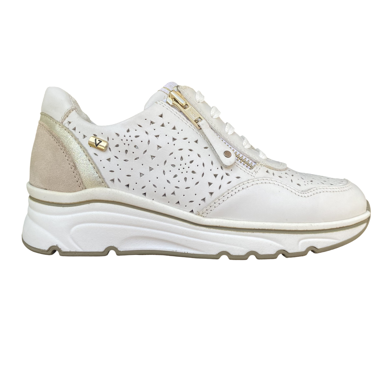 Valleverde scarpa sneakers da donna con laccio e zip 36061 bianco-oro