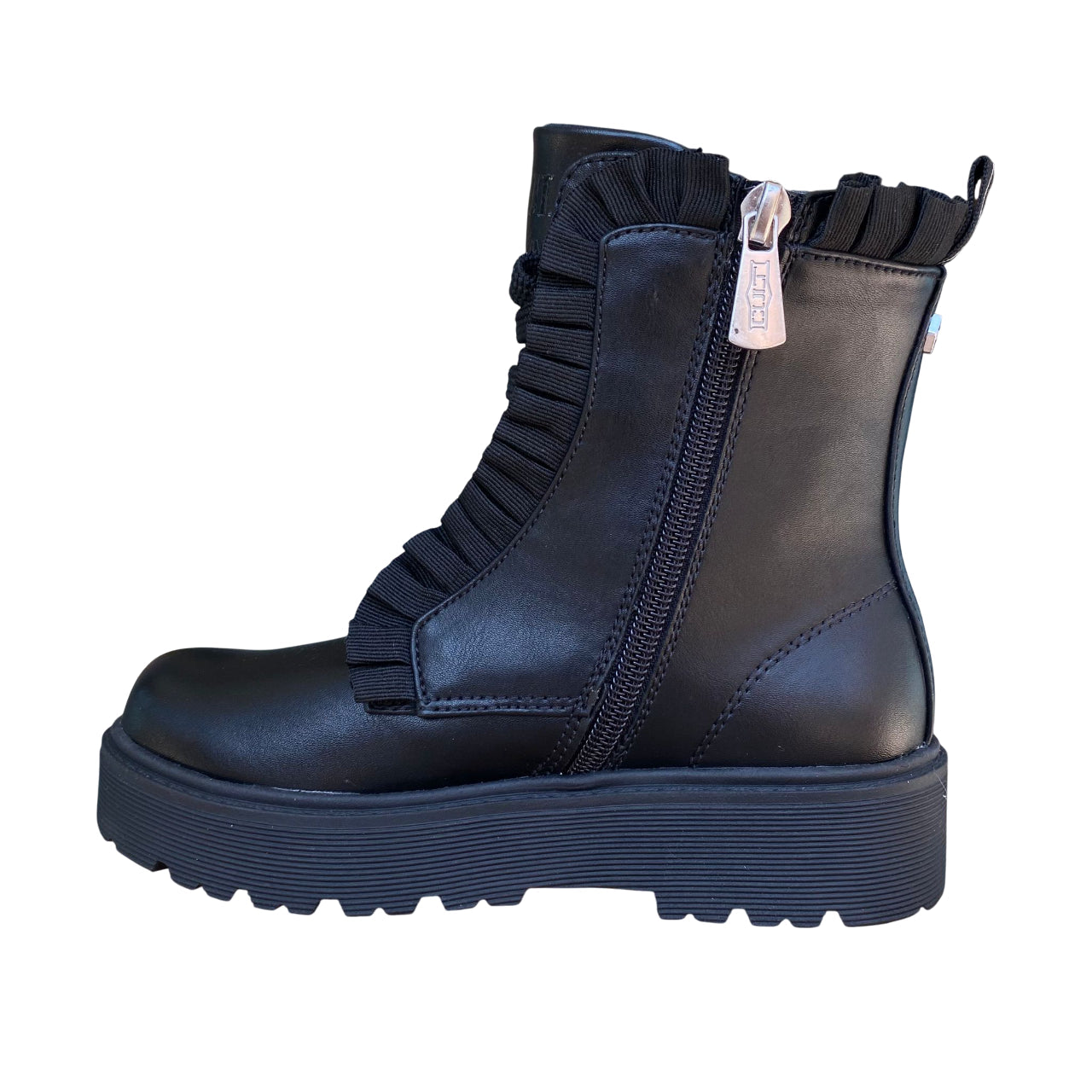 Vista laterale interna stivaletto Cult bambina nero con borchie decorative e dettagli rouge