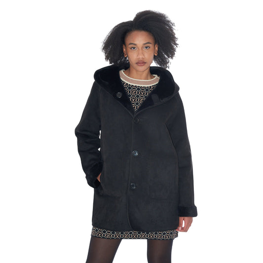 Yes Zee 1444 O026 0801 Nero - Cappotto reversibile donna ecopelliccia