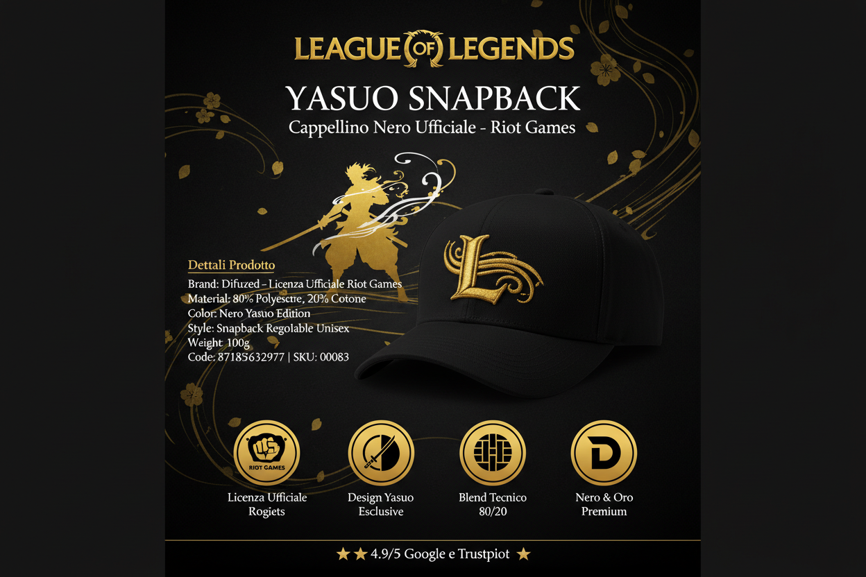 Cappellino Yasuo Snapback Nero con Scritta Dorata Infografica