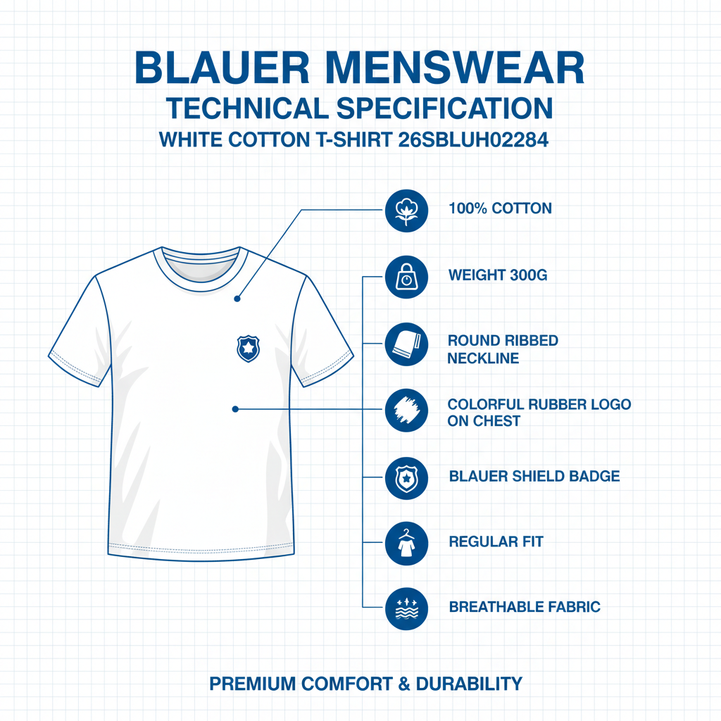 Infografica tecnica Blauer t-shirt 26SBLUH02284 bianca: cotone 100%, peso 300g, scollo rotondo costina, logo gommato colorato, scudetto, regular fit