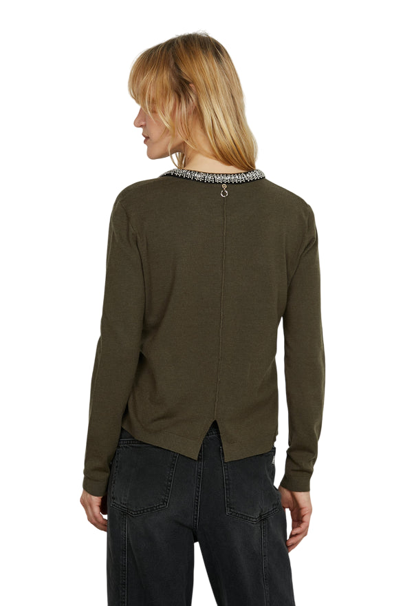 Relish – Maglia Cardigan SARIA Manica Lunga con Applicazione Strass e Perline RDA2502605008 Faggio