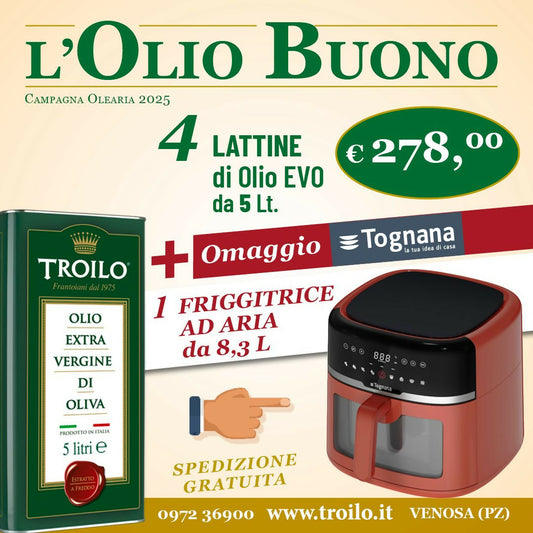 Olio Extra Vergine Troilo 5L - 4 Lattine (20L) + Friggitrice ad Aria Tognana 8,3L Rosso Mela in Omaggio